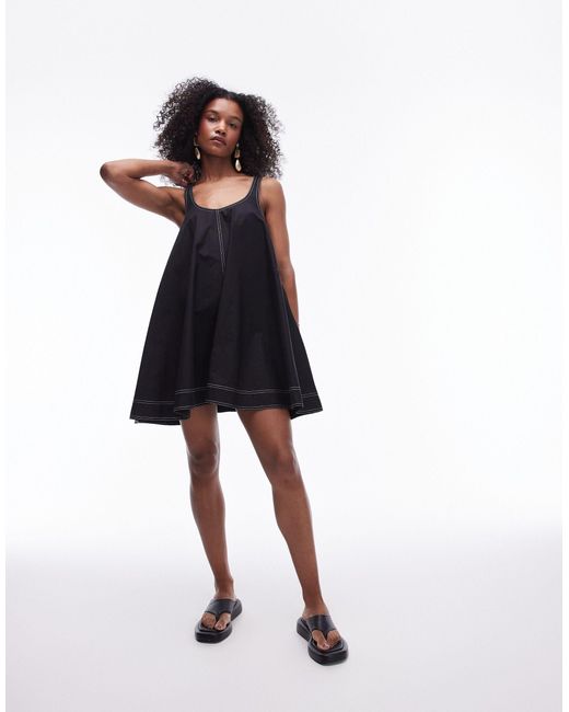 TOPSHOP Black Poplin Trapeze Mini Dress With Topstitch Detail