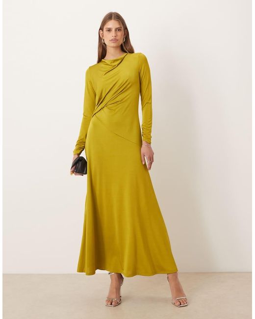 ASOS Yellow Long Sleeve Ruched Knot Detail Maxi Dress