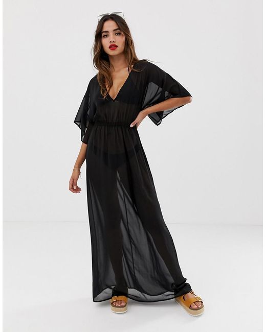 Womens Kimono Sleeve Tie Back Chiffon Maxi Beach Dress In Black
