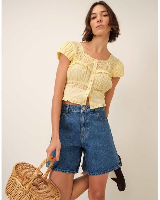 Nobody's Child Natural Lace Detail Short Sleeve Button Down Top