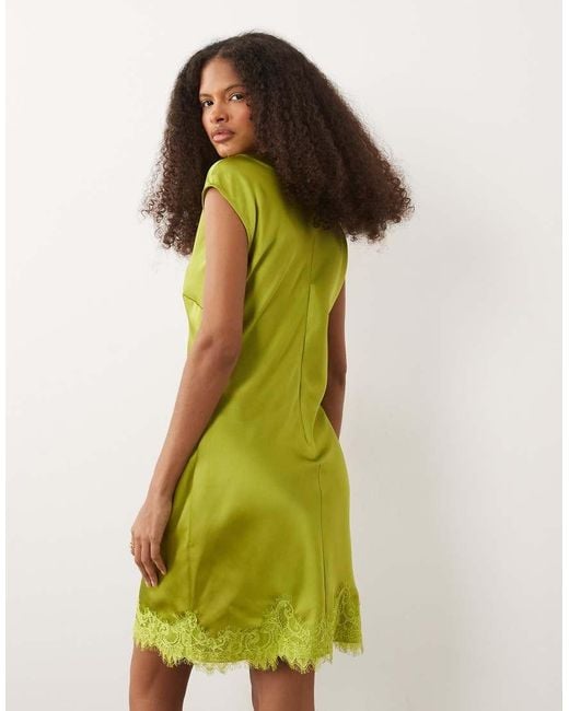 ASOS Green Slash Neck Satin Mini Dress With Lace Hem