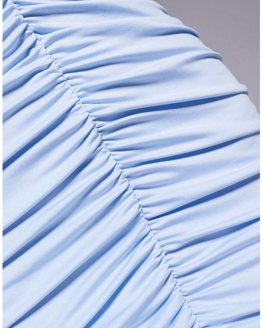 Aria Cove Blue Double Layered Slinky Ruched High Neck Bodycon Maxi Dress