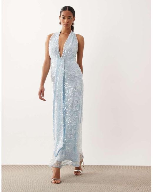 ASOS White Sequin Plisse Plunge Halter Maxi Dress With Scarf Detail