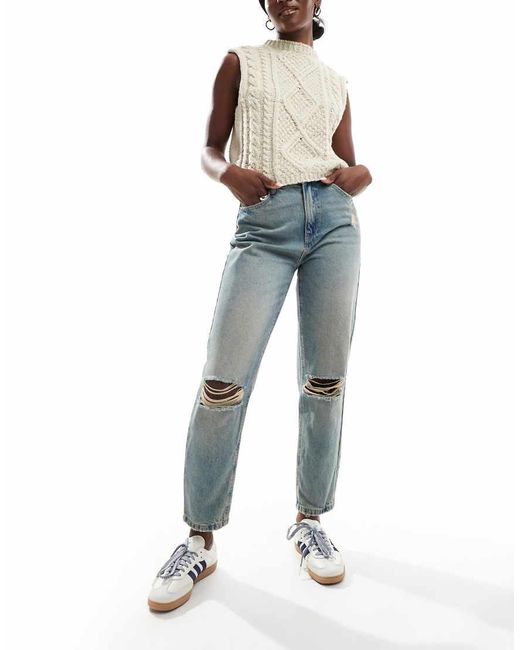 Pimkie Blue High Waisted Knee Rip Distressed Mom Jeans