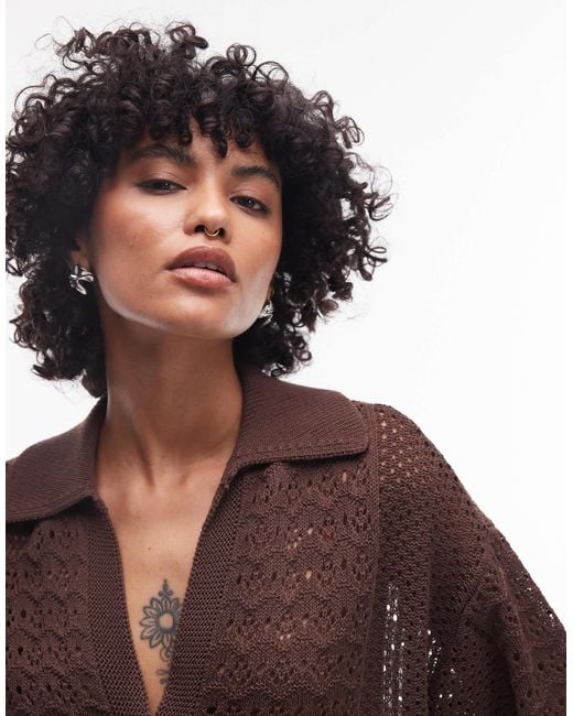 TOPSHOP Brown Open Stitch Polo Top