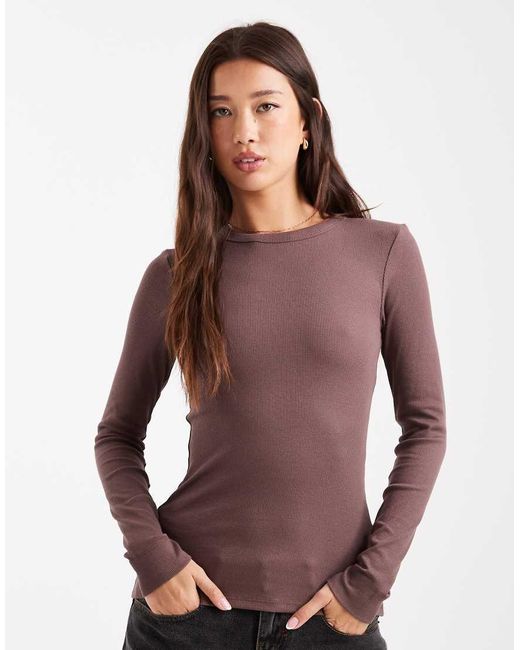 New Look Geribbelde Top Met Ronde Hals En Lange Mouwen in het Purple
