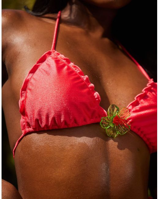 South Beach Green Triangle Bikini Top With Frill Hem And Flower Detail