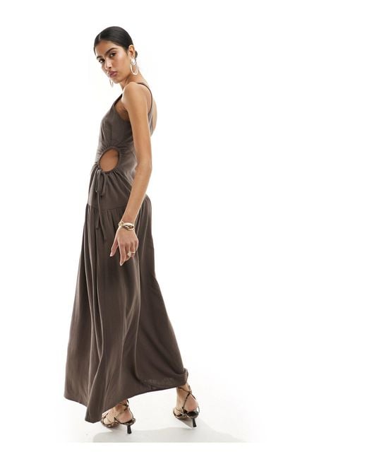 4th & Reckless Brown Linen Mix One Shoulder Dropped Hem Side Cut Out Midaxi Dress