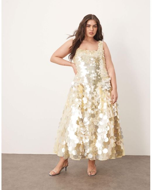 ARRANGE Natural Curve Embellished Disc Sequin Square Neck Full Skirt Midi Dress