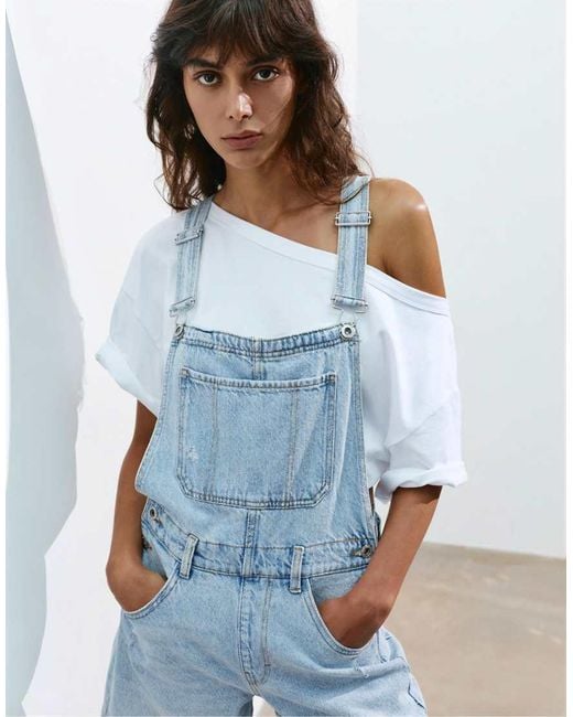 Pull&Bear Blue Short Denim Dungarees