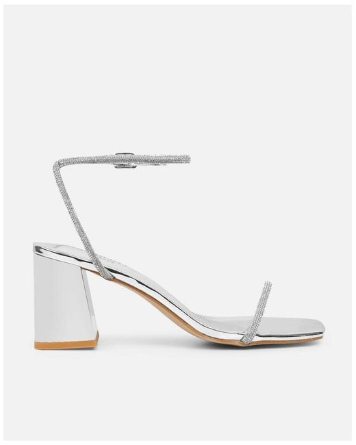 SIMMI White Ciel Mirror Diamante Low Block Heeled Sandals