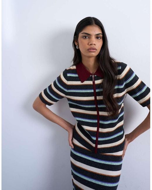 TOPSHOP Gray Knitted Zip Through Multi Stripe Polo