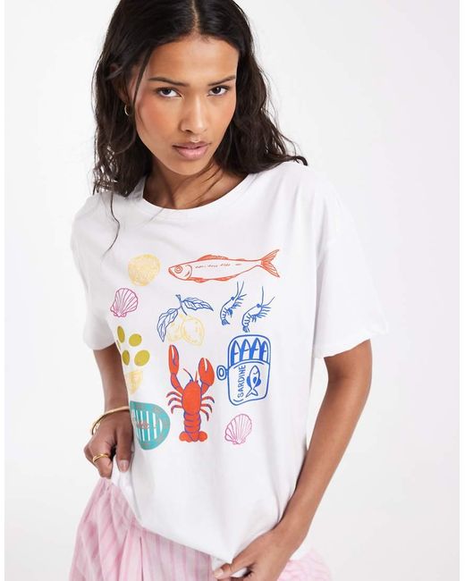 Pieces White Oversized Seaside Graphic T-shirt
