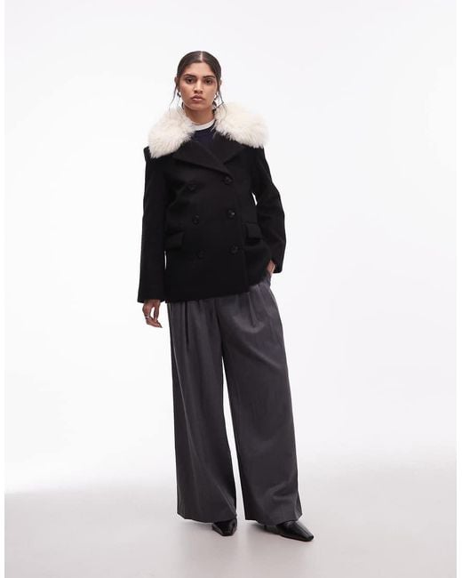 & Other Stories Black Wool Short Double Breasted Coat With Flap Welt Pockets And Faux Fur Collar