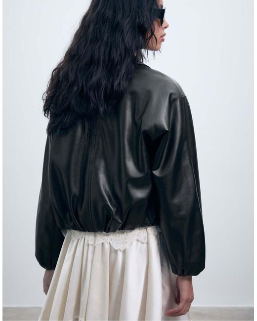 Stradivarius Blue Faux Leather Quilted Bomber Jacket