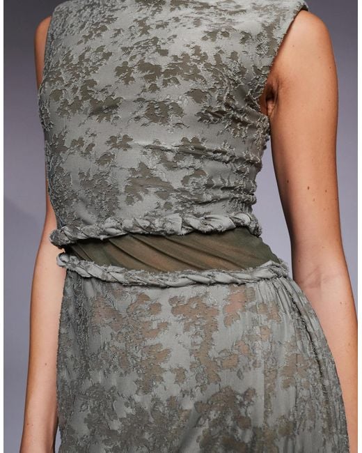 ASOS Gray High Neck Devore Twist Detail Maxi Dress With Sheer Panel
