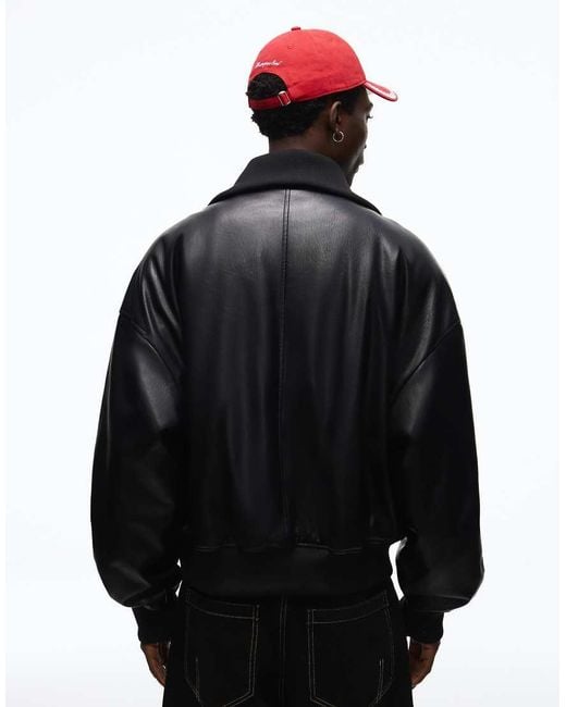 Bershka Black Faux Leather Rib Bomber Jacket for men