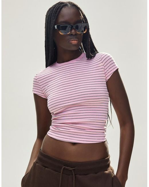 Bershka Pink Short Sleeve Crew Neck T-Shirt