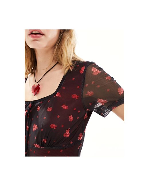 Daisy Street Black – minikleid aus mesh mit rosenknospen-print und eckigem ausschnitt