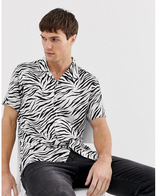 Brave Soul White Zebra Animal Print Short Sleeve Shirt for men