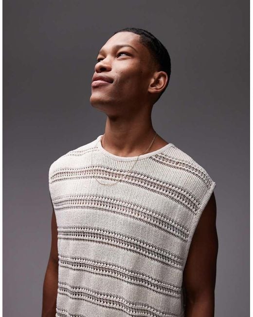 Topman Gray Relaxed Fit Knitted Crochet Tank With Metallic Yarn for men