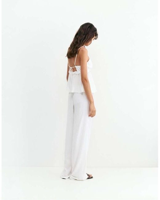Pull&Bear White Linen Blend Ruffled Top