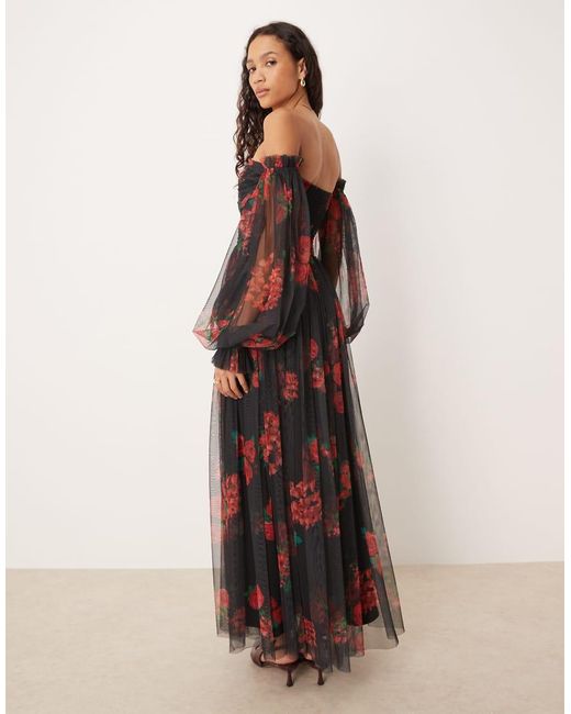 LACE & BEADS Multicolor Off The Shoulder Balloon Sleeve Tulle Maxi Dress