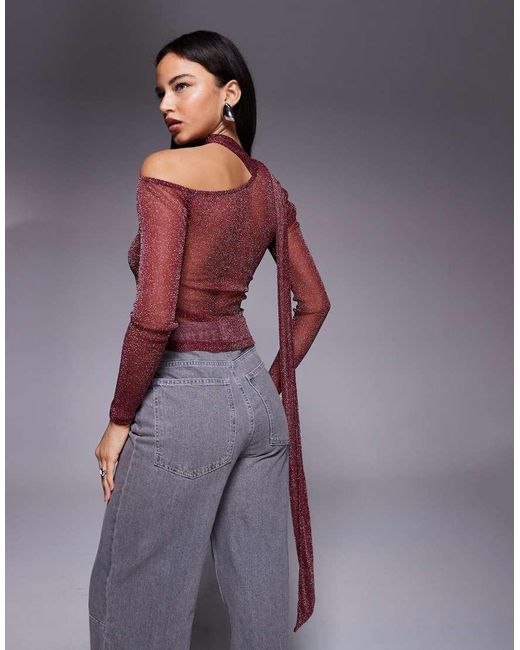ASOS Red Glitter Mesh Scarf One Shoulder Top