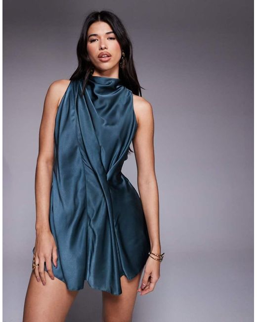 ASOS Blue High Neck Drape Satin Playsuit