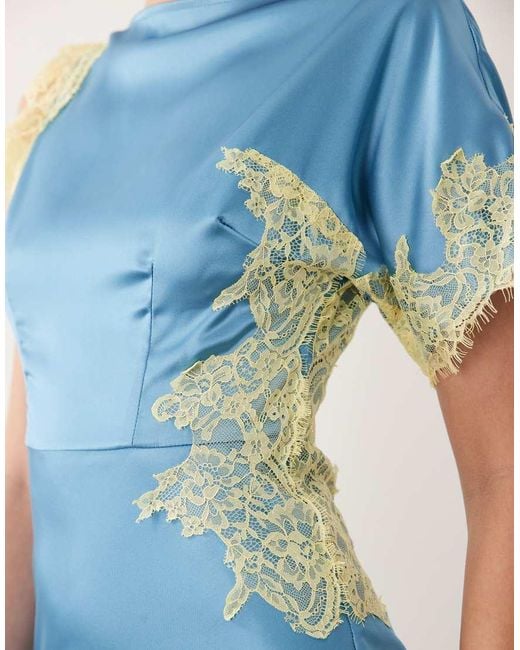 Never Fully Dressed Blue Fearne Satin Lace Detail Midi Dress