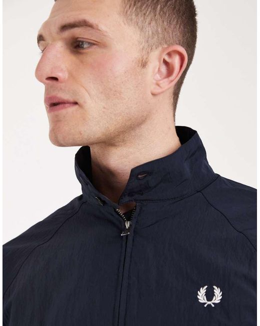 Fred Perry Blue Crinkle Tipped Hem Logo Harrington Jacket for men