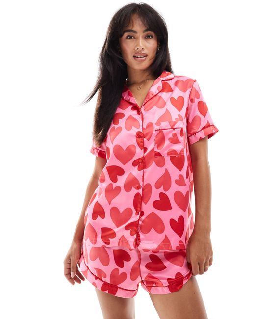 Loungeable Red Satin Revere Short Sleeve And Short Pyjama Set