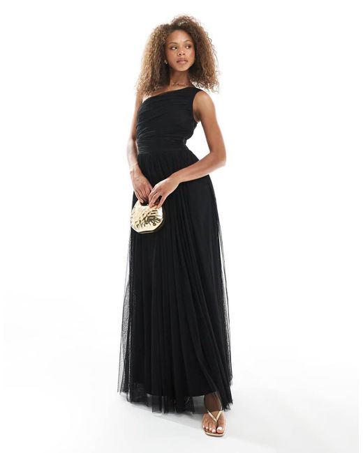LACE & BEADS Black Bridesmaid One Shoulder Maxi Dress