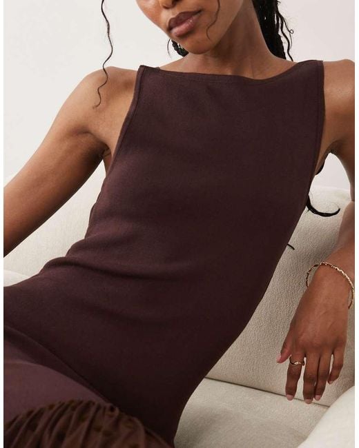 Pretty Lavish Brown Rebecca Knitted Slash Neck Sheer Drop Hem Maxi Dress