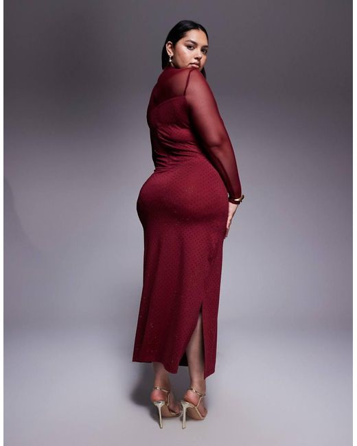 Renee Studio Red Mesh High Neck Hotfix Side Split Maxi Dress