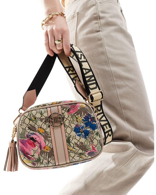 Borsa a tracolla beige con monogramma e stampa a fiori di River Island in Natural