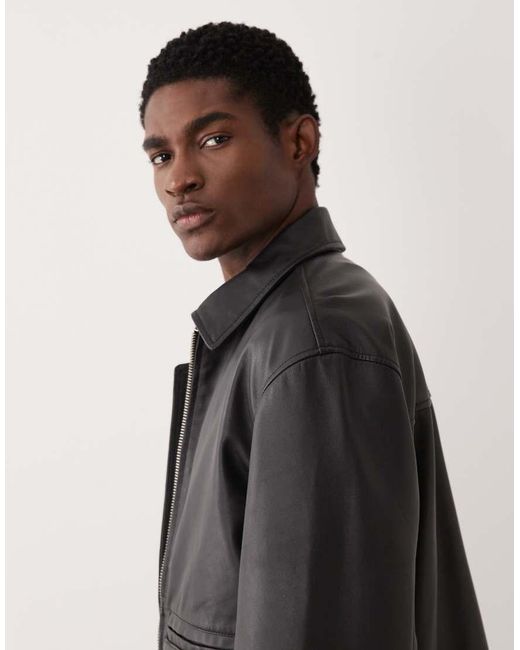 ASOS Gray Real Leather Harrington Jacket for men