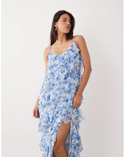 Vila Blue Asymmetric Frill Maxi Dress With Side Split