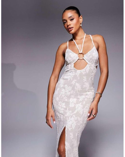 ASOS White Textured Lace Maxi Dress With Gold Tone Hardware
