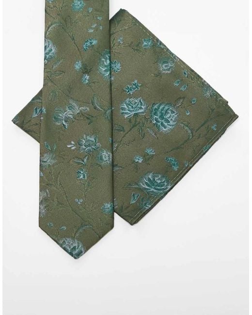 ASOS Green Floral Print Tie And Pocket Square Set for men