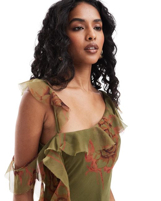 ASOS Multicolor Asymmetric Shoulder Bias Cut Maxi Dress With Ruffle Details