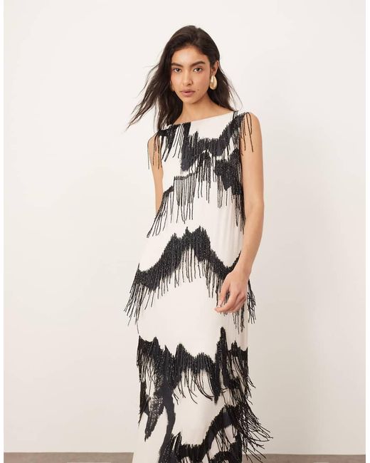 Vestido Midi De Corte Recto Minimalista Con Estampado Y Flecos Con Abalorios De ARRANGE de color Natural