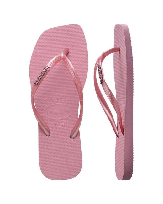 Havaianas Pink Slim Square Toe Metallic Logo Flip Flops