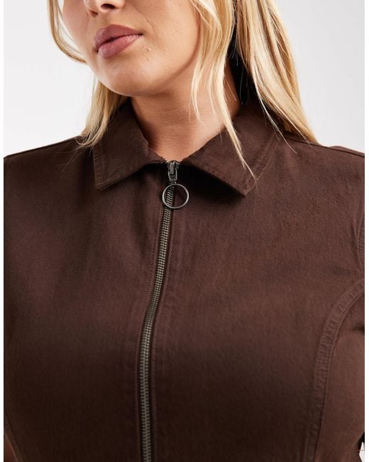 ASOS Brown Asos Design Curve Denim Short Sleeve Mini Dress With Zip Through