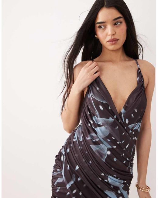 ASOS Pink Printed Mesh Cross Front Draped Mini Dress