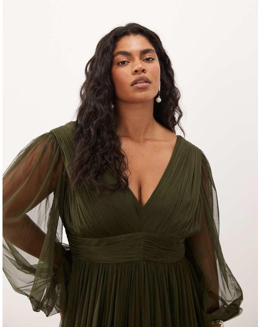Lace & Beads Plus Green Tulle Sheer Balloon Sleeve Plunge Neck Tiered Maxi Dress