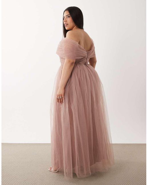 Lace & Beads Plus Brown Bridesmaid Tulle Bardot Maxi Dress