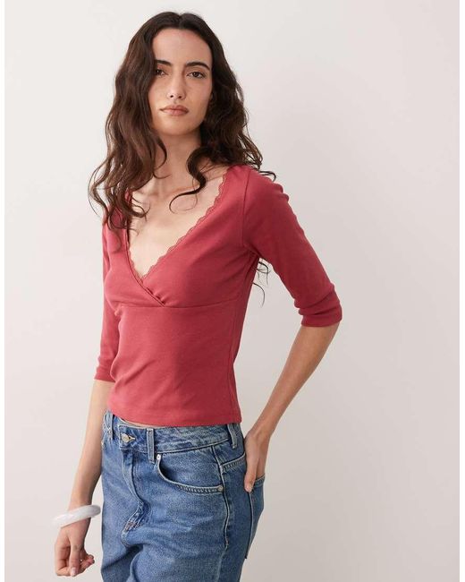 Miss Selfridge Red Three Quarter Length Sleeve Wrap Top