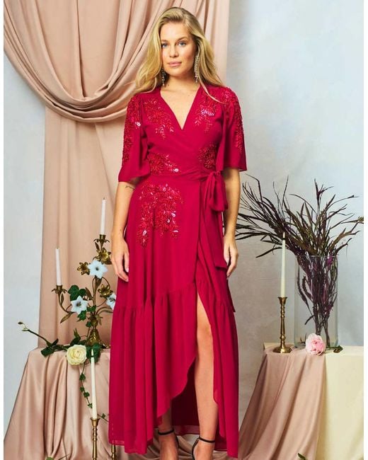 Hope & Ivy Red The Petal Embellished Flutter Sleeve Maxi Wrap Dress With Tie Waist