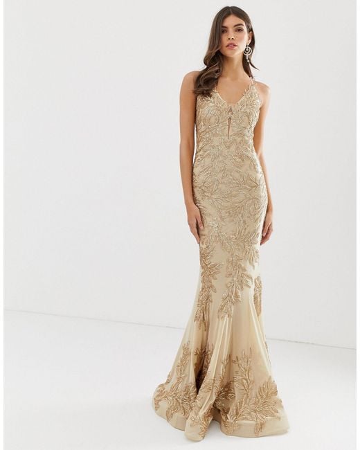 Forever Unique Metallic Fishtail Prom Maxi Dress In Lace Embroidery In Gold